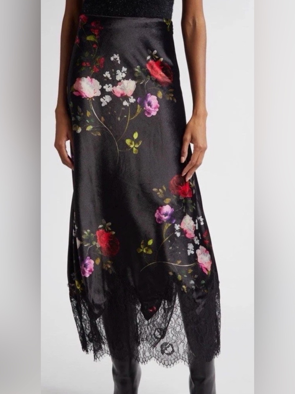 Alice + Olivia Black Satin Maxi Skirt with Red and Pink Floral Print NYT